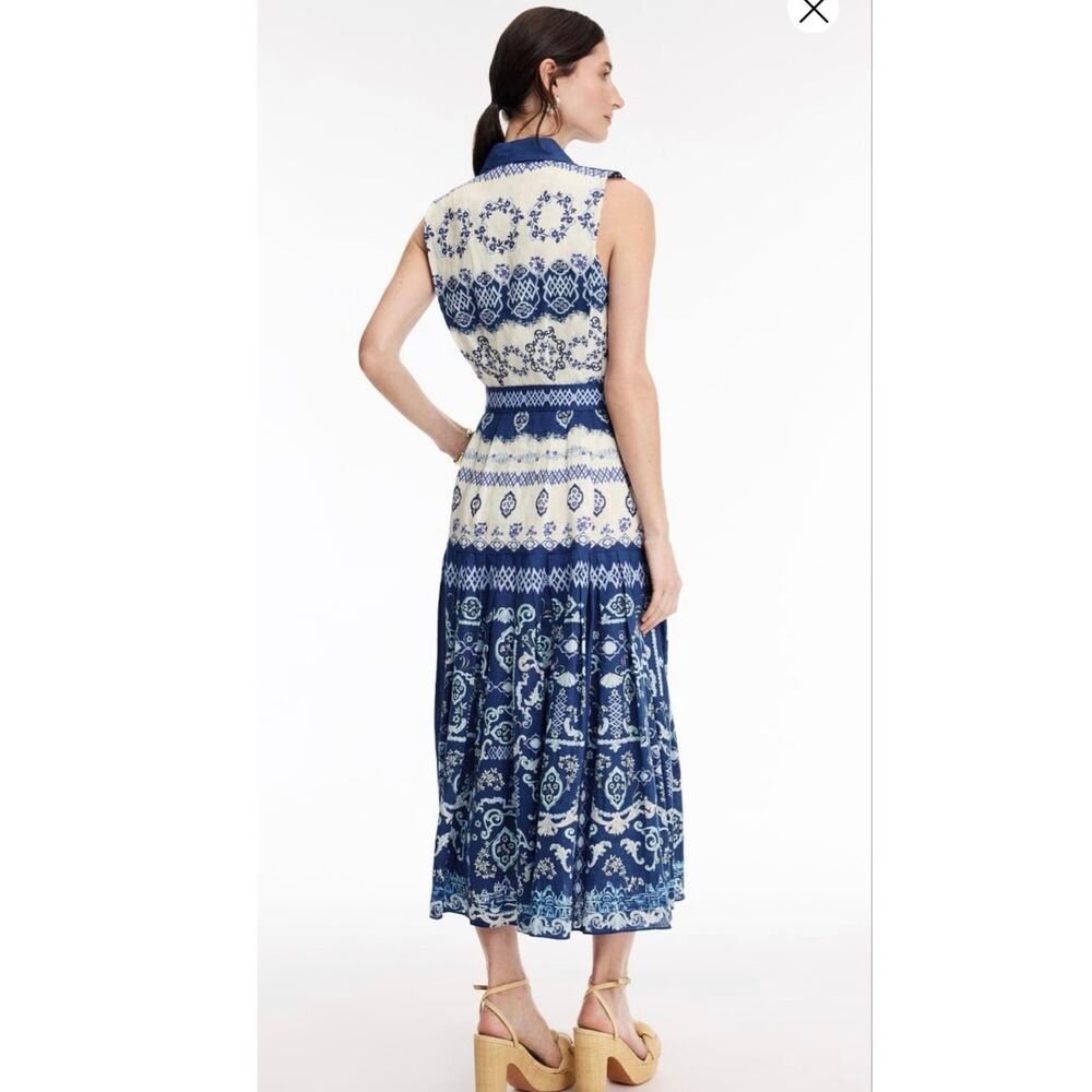 SALONI Blue White Abstract Design Nya Collared Sleeveless Button Up Dress US 2 - Picture 7 of 15